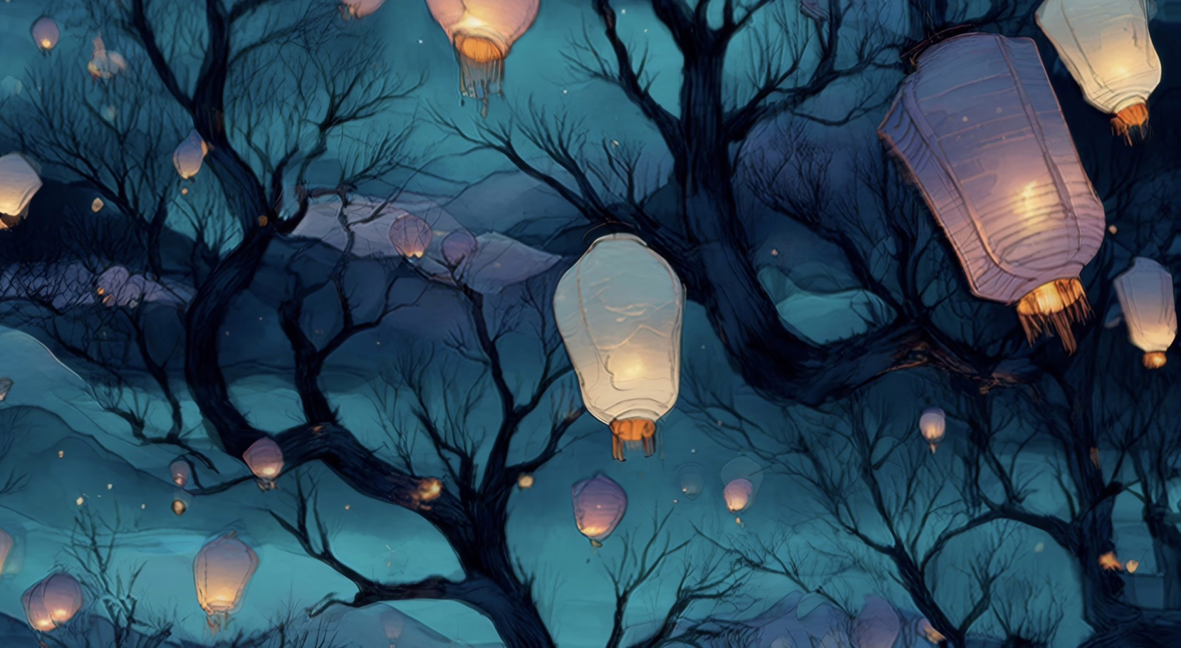 Psychedelic mushroom art of floating lanterns drifting into the night sky, forming constellations of light and sacred geometry.
